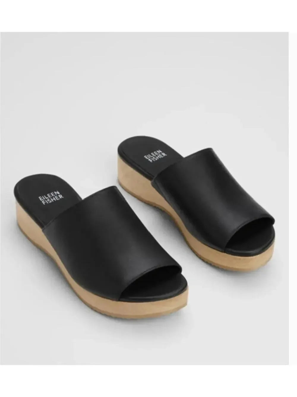 Eileen Fisher Novel Slides Black Leather Wedge Sandal Women's Size 8.5